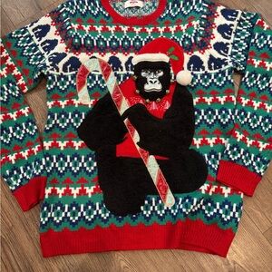 Gorilla in a Santa Hat Candy Cane Christmas Ugly Sweater – Size M for Men